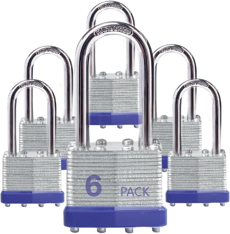 XanHen Lock Outdoor Padlocks, Key Lock, Padlocks with Same Key - Laminated Steel Keyed Padlocks with Long Shackle, 6 Pack, for Hasp Latch, Sheds, Fences, Storage Locker, School, Gym - Image 1